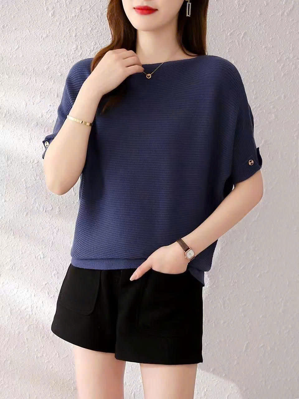 Áo len cánh dơi tay ngắn phối nút - Áo quần thu đông đẹp - Ảnh 3