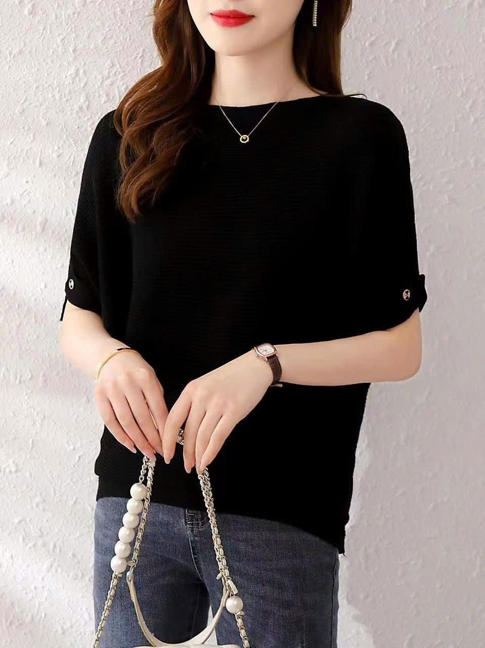 Áo len cánh dơi tay ngắn phối nút - Áo quần thu đông đẹp - Ảnh 2