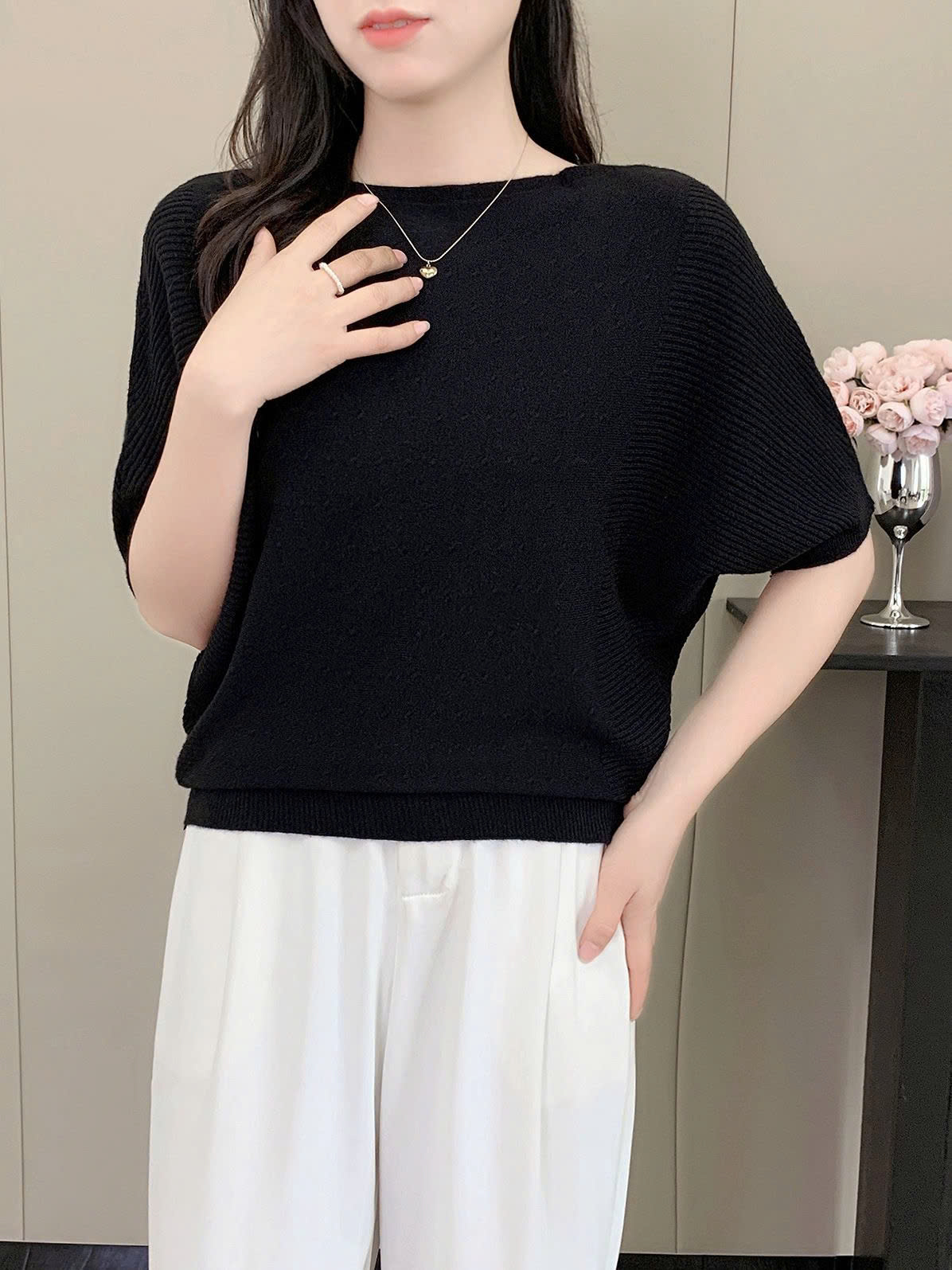 Áo len cánh dơi tay ngắn - Áo quần thu đông đẹp - Ảnh 4