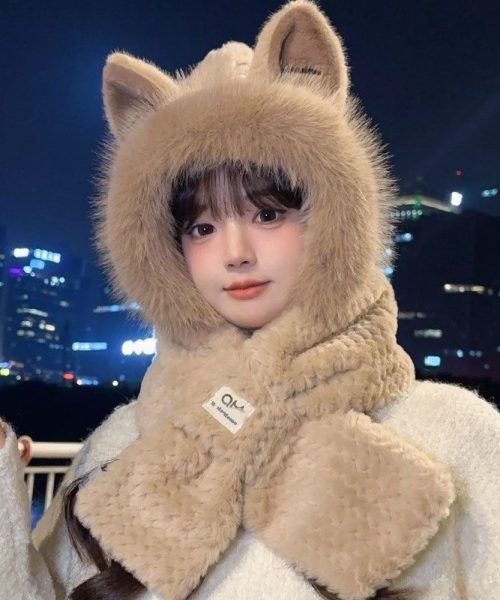 Mũ len xinh - Mũ len lông trùm đầu tai mèo phối khăn mảnh - Danangsale