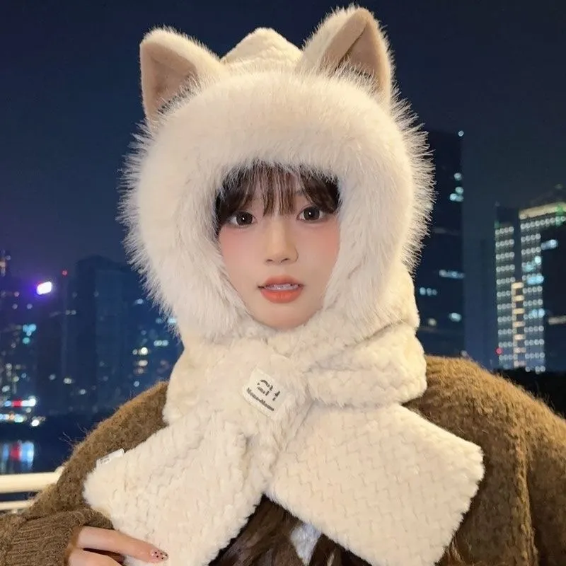 Mũ len xinh - Mũ len lông trùm đầu tai mèo phối khăn mảnh - Danangsale - Ảnh 2