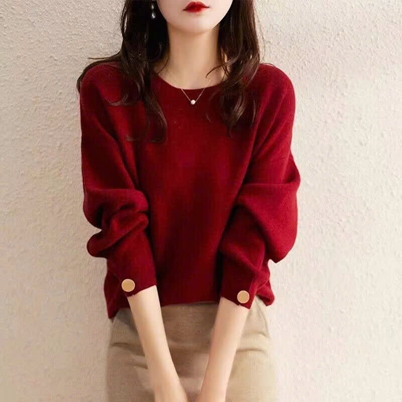 Áo len nữ kiểu Hàn Quốc - Áo len cổ tròn phối nút - Danangsale